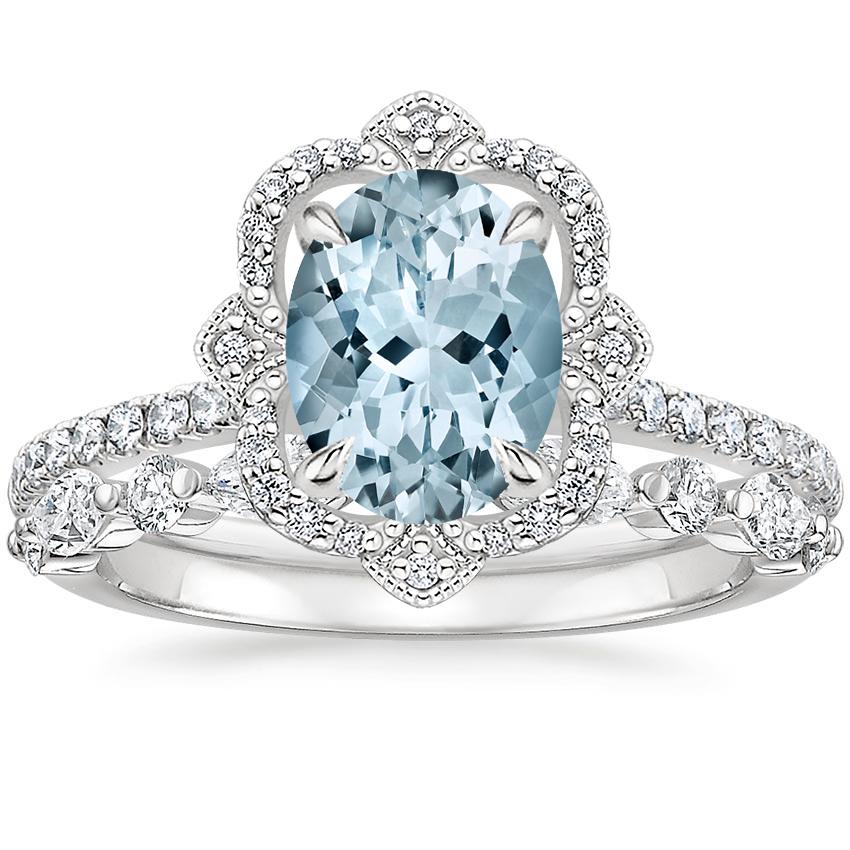 18KW Aquamarine Reina Diamond Ring with Versailles Diamond Ring (3/8 ct. tw.), top view