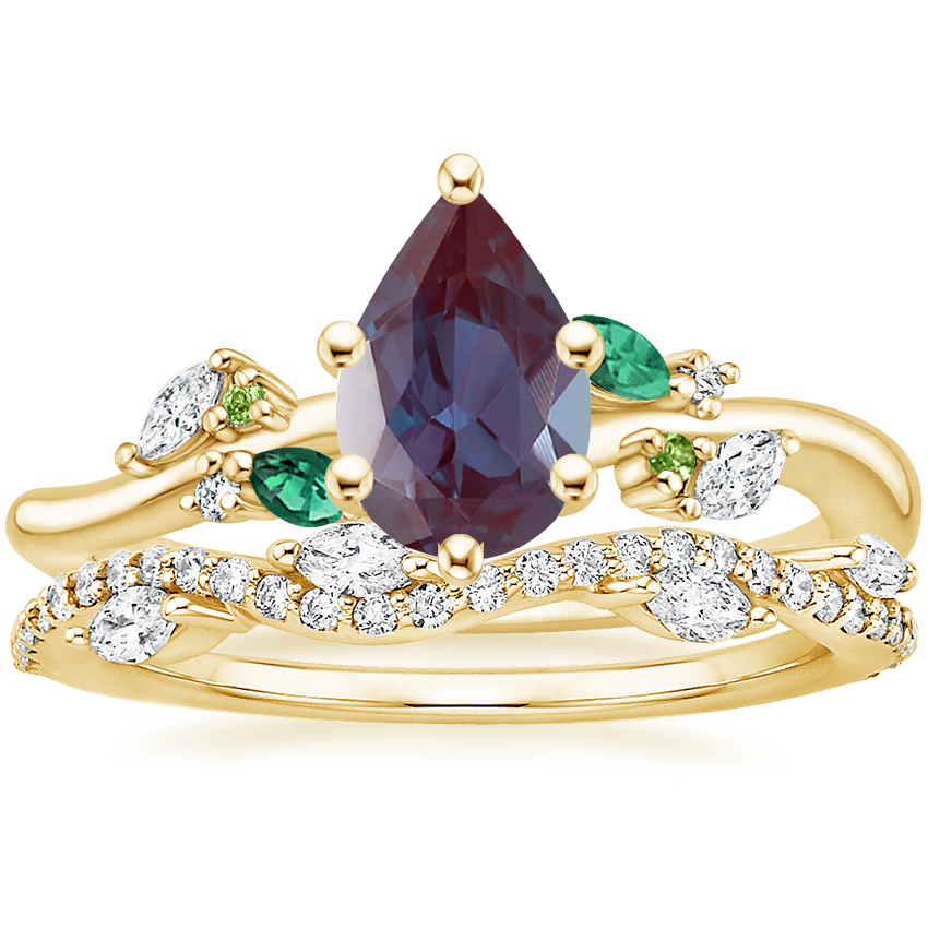18K Yellow Gold Arden Diamond Ring with Lab Emerald Accents with Luxe Winding Willow Diamond Ring (1/4 ct. tw.)