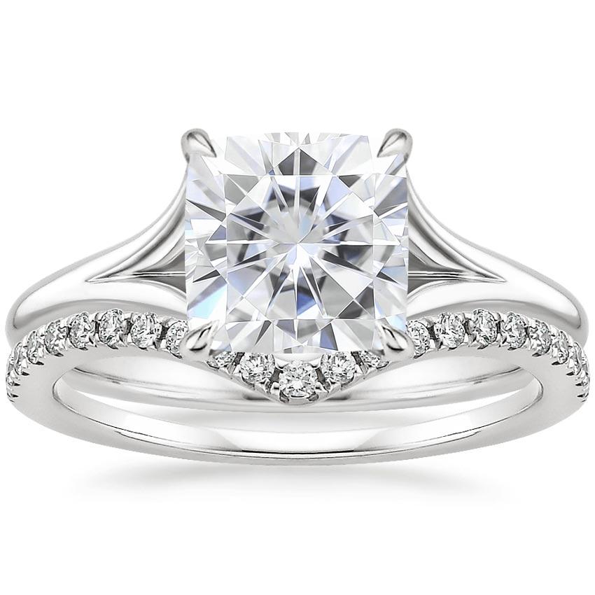 18KW Moissanite Reverie Ring with Flair Diamond Ring (1/6 ct. tw.), top view