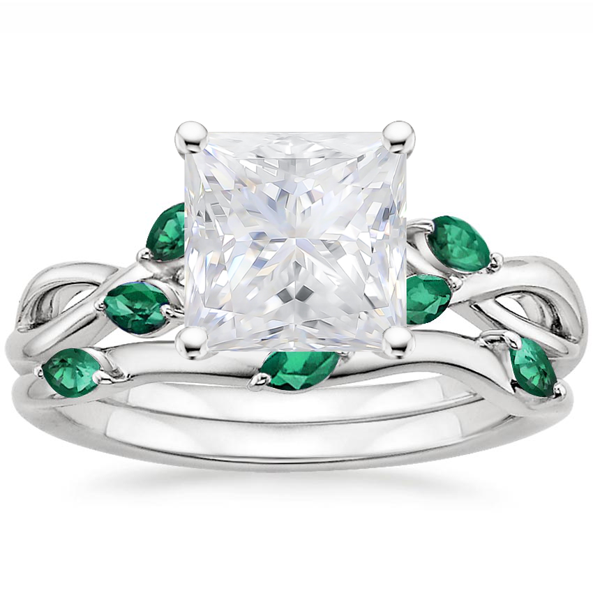 PT Moissanite Willow Bridal Set With Lab Emerald Accents, top view
