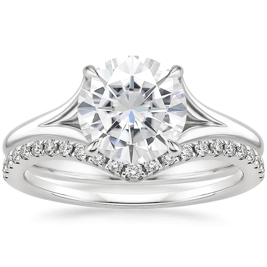 18KW Moissanite Reverie Ring with Flair Diamond Ring (1/6 ct. tw.), top view