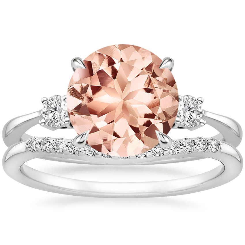 18KW Morganite Selene Diamond Ring with Petite Curved Diamond Ring, top view