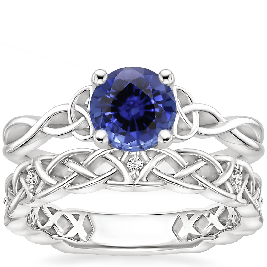 18KW Sapphire Entwined Celtic Love Knot Ring with Celtic Knot Diamond Ring, top view