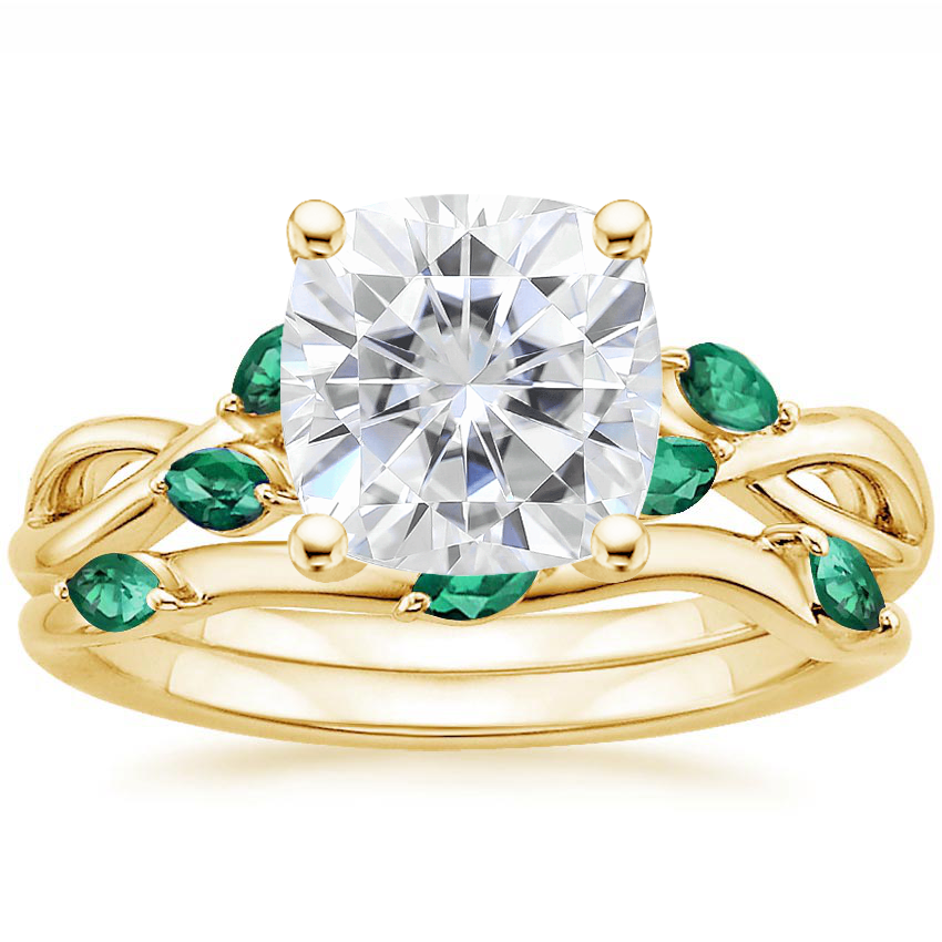 18KY Moissanite Willow Bridal Set With Lab Emerald Accents, top view