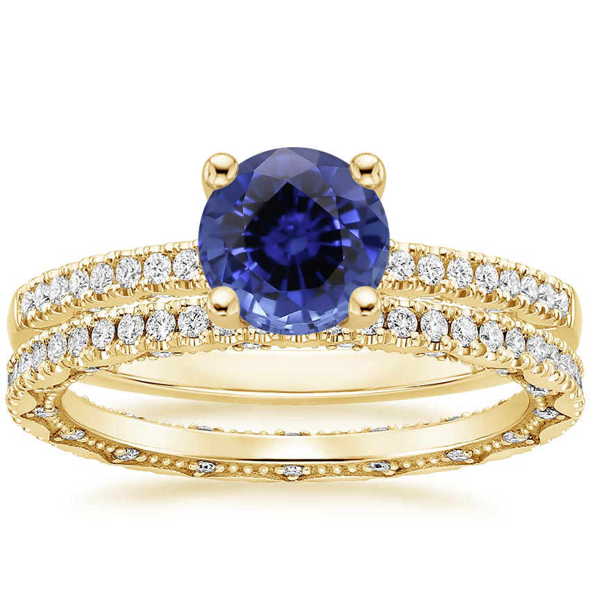 18KY Sapphire Tacori Coastal Crescent Pavé Diamond Ring with Tacori Coastal Crescent Eternity Diamond Ring, top view