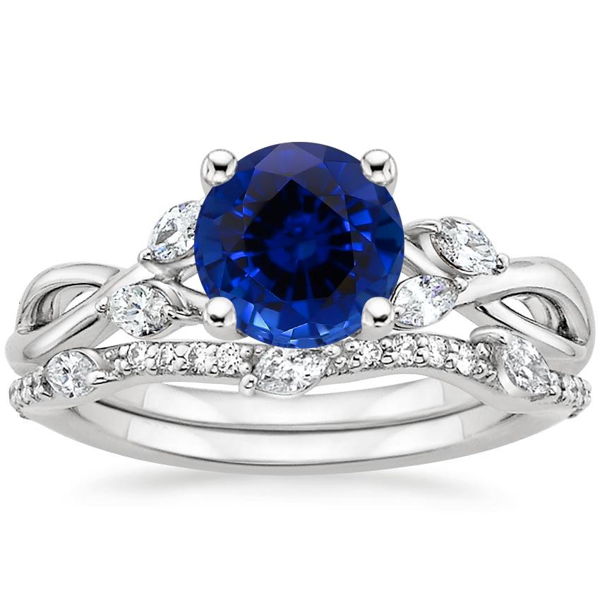 18KW Sapphire Willow Diamond Ring (1/8 ct. tw.) with Luxe Willow Diamond Wedding Ring (1/5 ct. tw.), top view