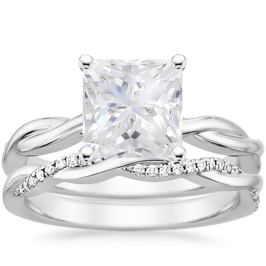 18KW Moissanite Twisted Vine Ring with Petite Twisted Vine Diamond Ring (1/8 ct. tw.), top view