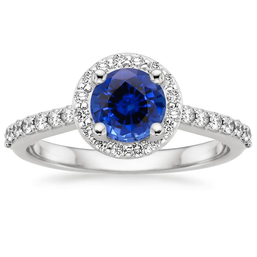 Sapphire Halo Diamond Ring with Side Stones (1/3 ct. tw.) in Platinum