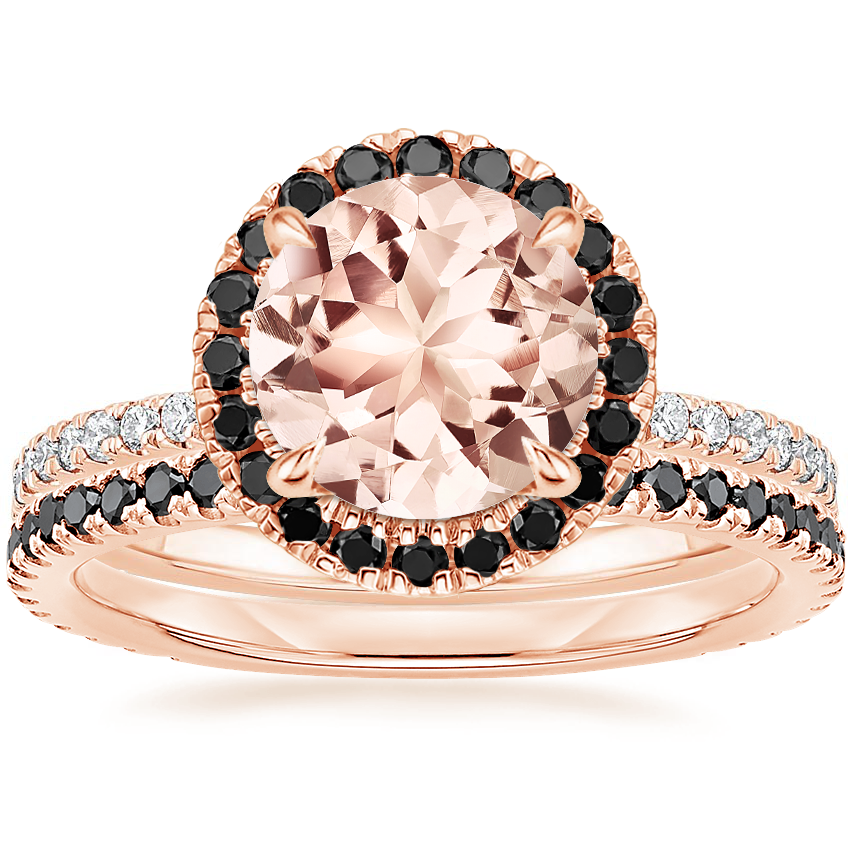 14KR Morganite Waverly Diamond Ring with Black Diamond Accents with Luxe Ballad Black Diamond Ring, top view
