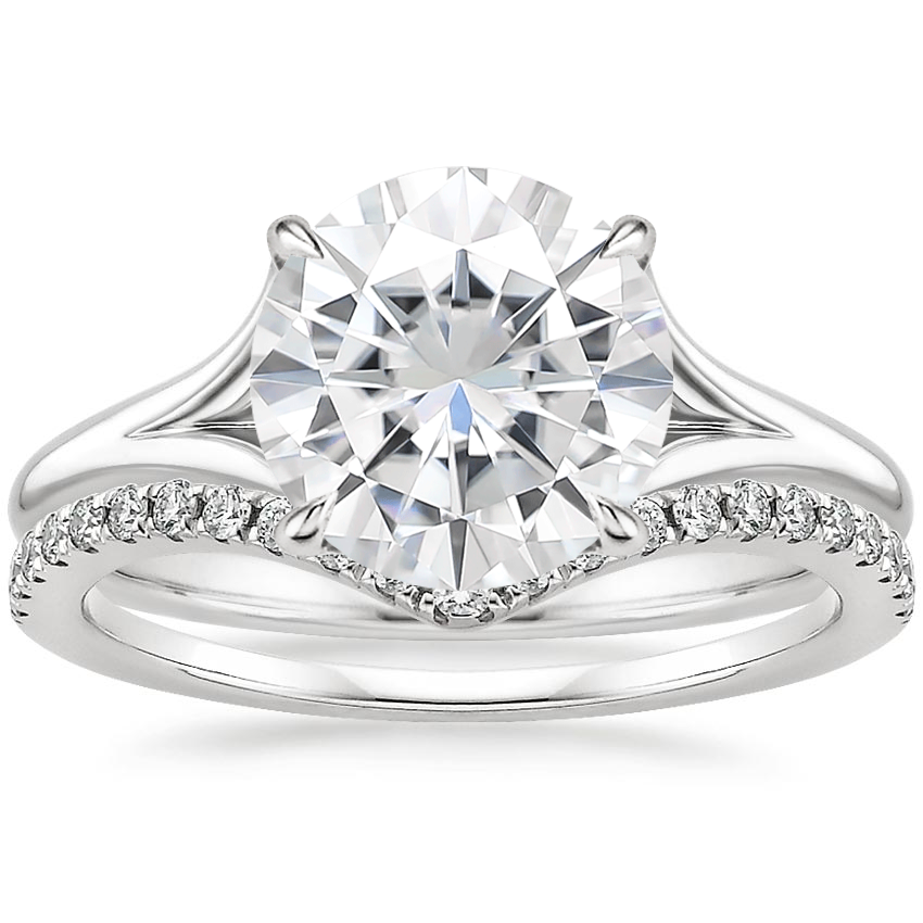 18KW Moissanite Reverie Ring with Flair Diamond Ring (1/6 ct. tw.), top view