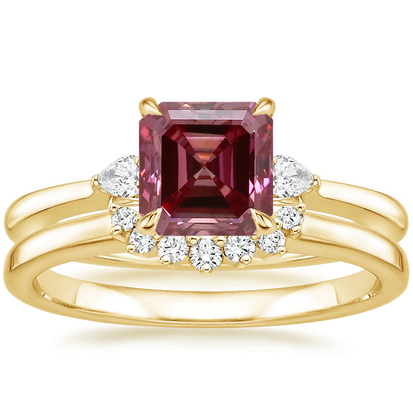14K Yellow Gold Perfect Fit Three Stone Pear Diamond Ring with Crescent Diamond Ring