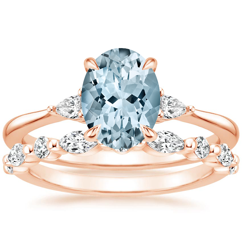 14KR Aquamarine Aria Diamond Ring (1/10 ct. tw.) with Versailles Diamond Ring (3/8 ct. tw.), top view