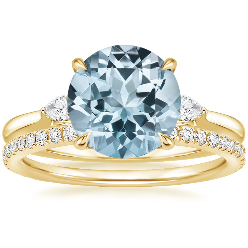 18KY Aquamarine Perfect Fit Three Stone Pear Diamond Ring with Luxe Ballad Diamond Ring, top view