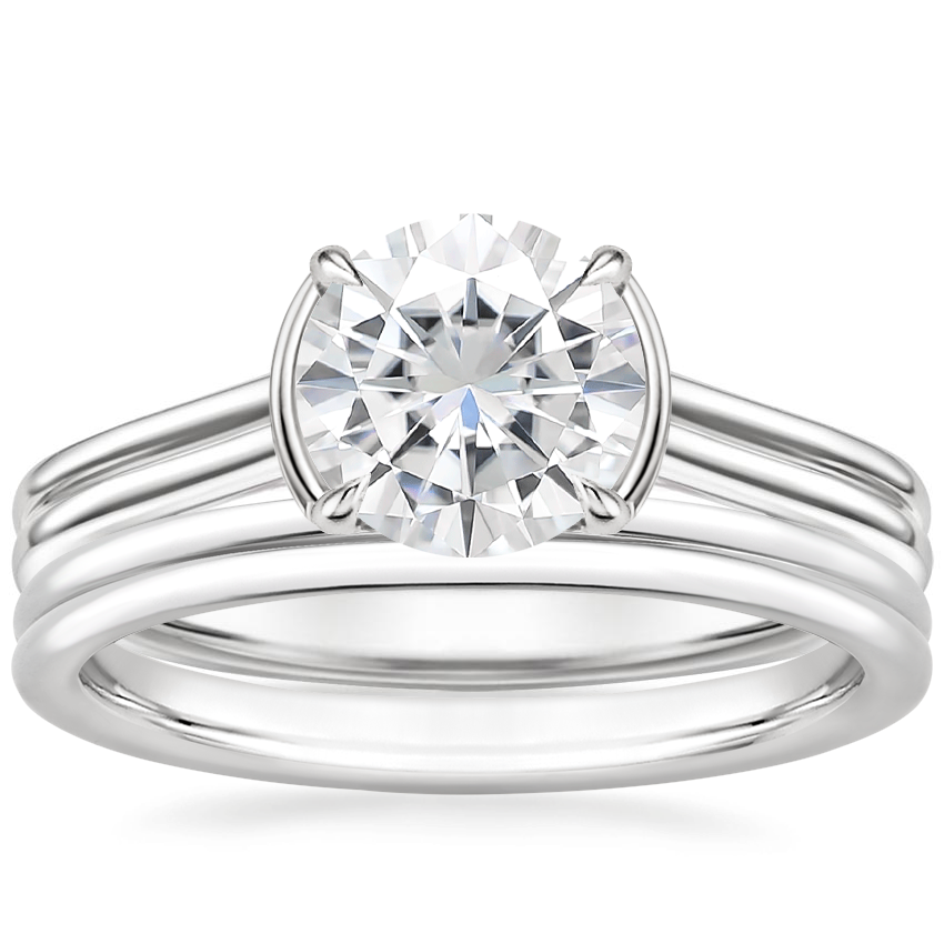 18KW Moissanite Jade Trau Alure Solitaire Ring with Sorella Double Wedding Ring, top view