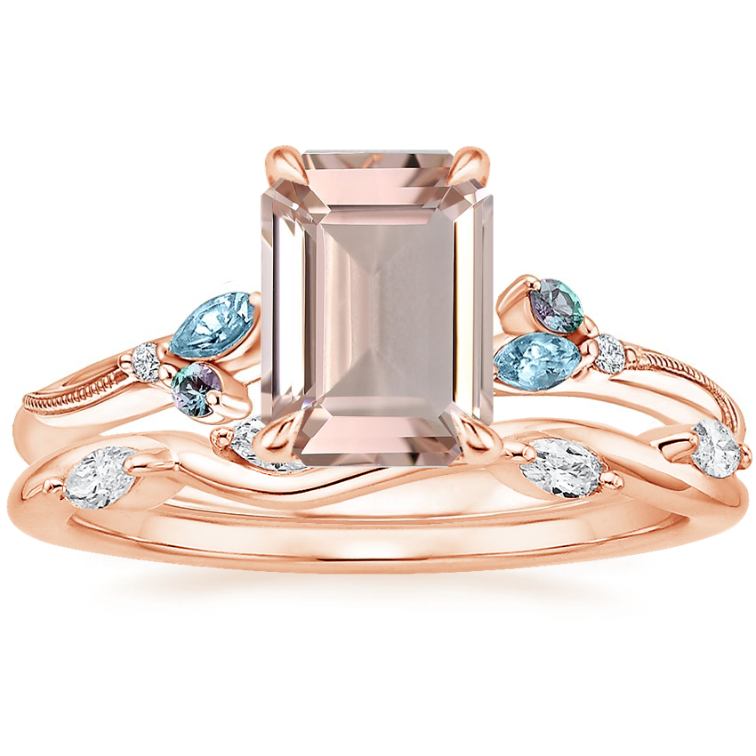 14K Rose Gold Camellia Indigo Milgrain Ring with Winding Willow Diamond Ring