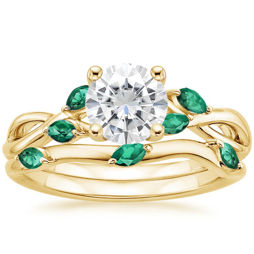 18KY Moissanite Willow Bridal Set With Lab Emerald Accents, top view