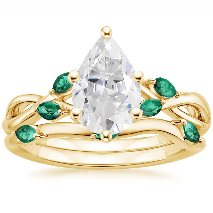 18KY Moissanite Willow Bridal Set With Lab Emerald Accents, top view