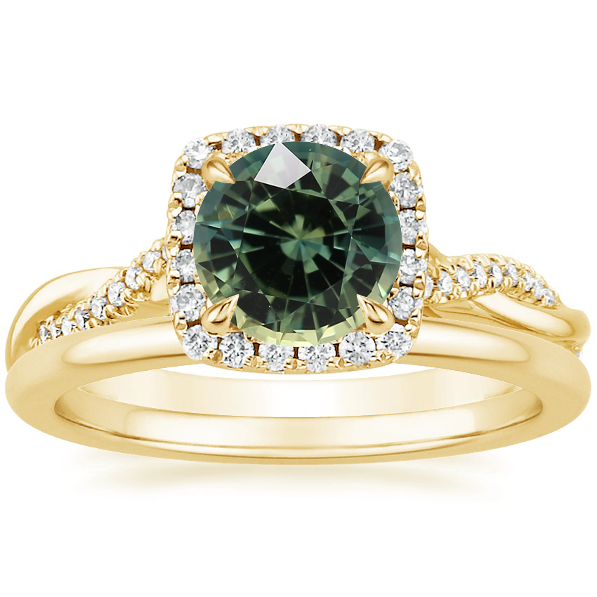 18K Yellow Gold Petite Twisted Vine Halo Diamond Ring (1/4 ct. tw.) with Petite Comfort Fit Wedding Ring