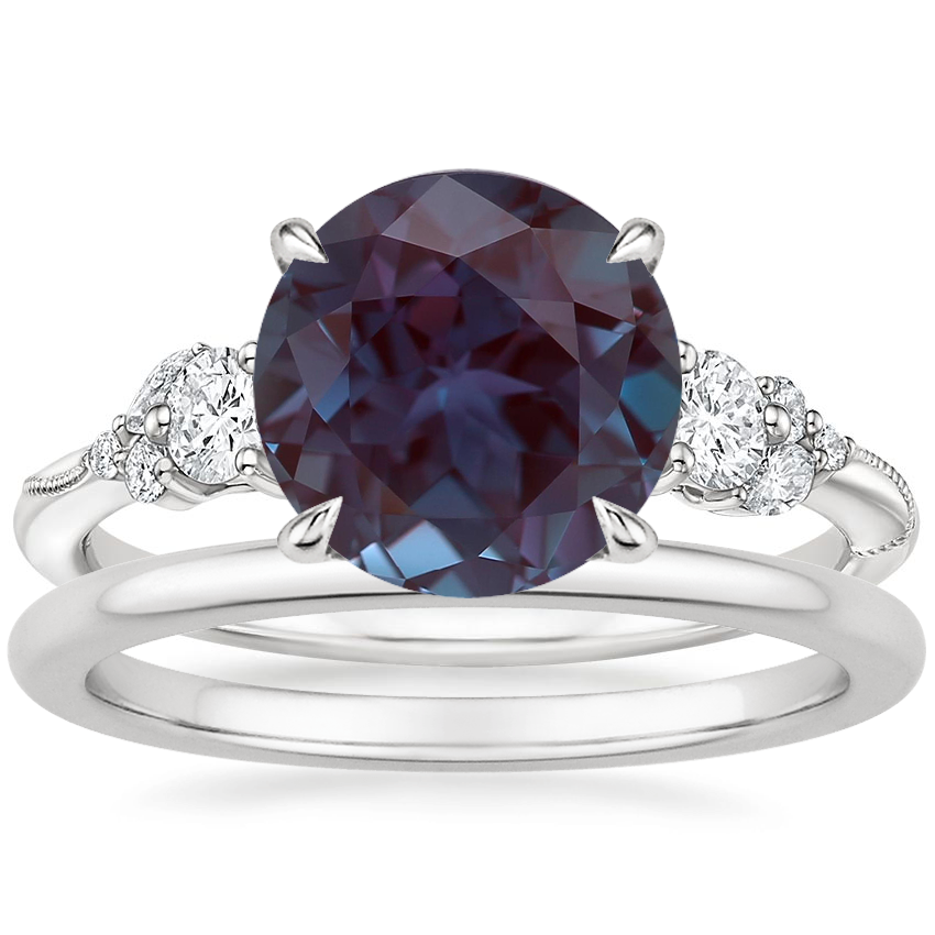 18K White Gold Camellia Three Stone Diamond Ring (1/3 ct. tw.) with Petite Comfort Fit Wedding Ring