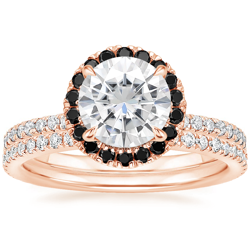 14KR Moissanite Waverly Diamond Ring with Black Diamond Accents with Luxe Ballad Diamond Ring, top view