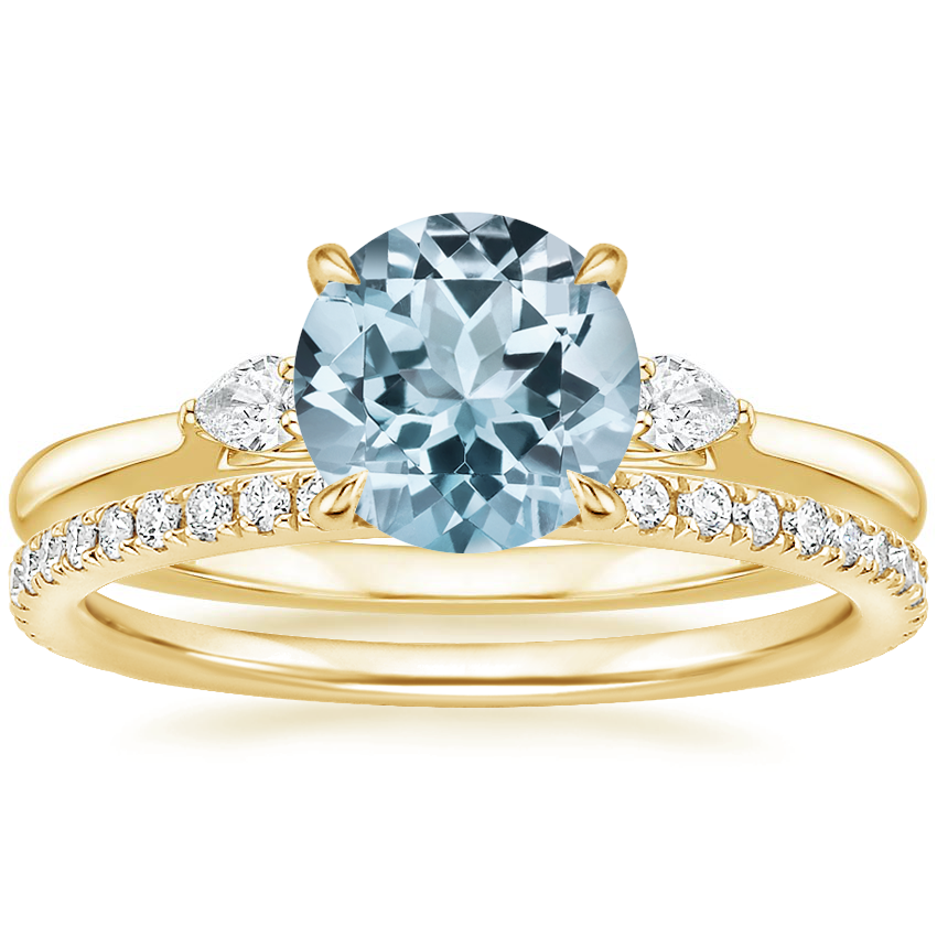 18KY Aquamarine Perfect Fit Three Stone Pear Diamond Ring with Luxe Ballad Diamond Ring, top view
