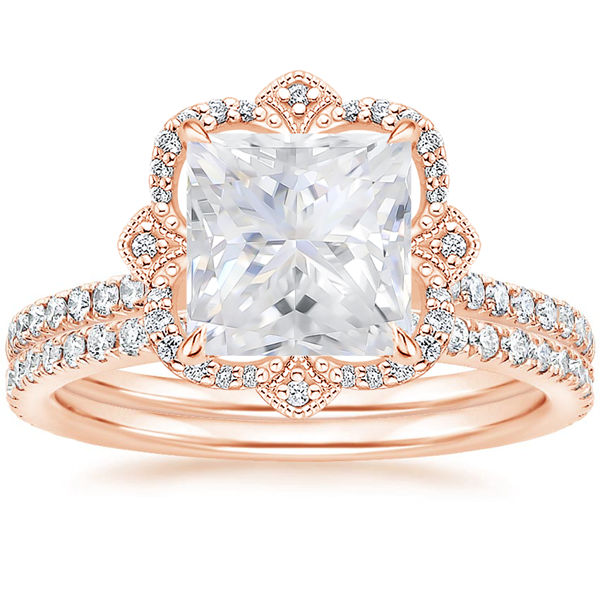 14KR Moissanite Reina Diamond Ring with Luxe Ballad Diamond Ring (1/4 ct. tw.), top view