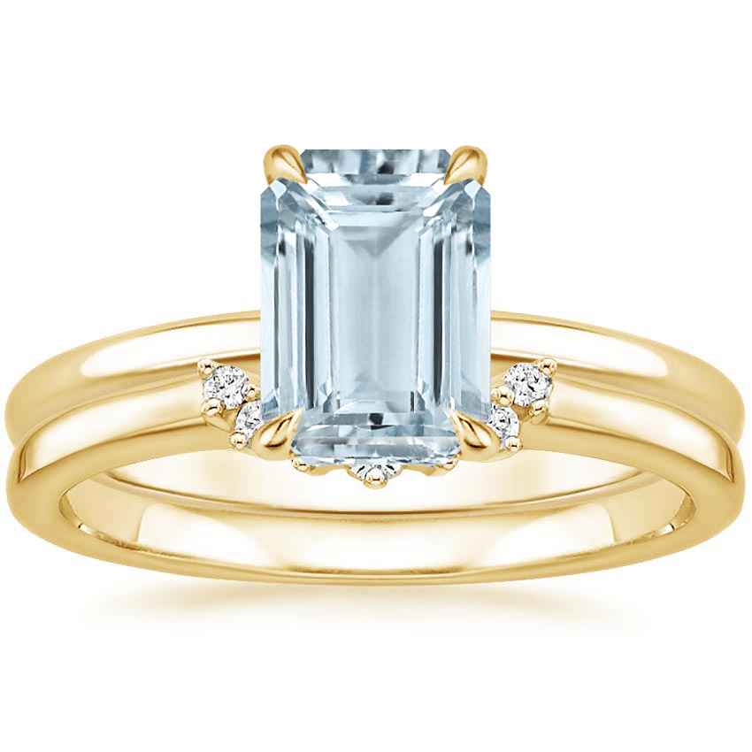 18KY Aquamarine Elodie Ring with Crescent Diamond Ring, top view