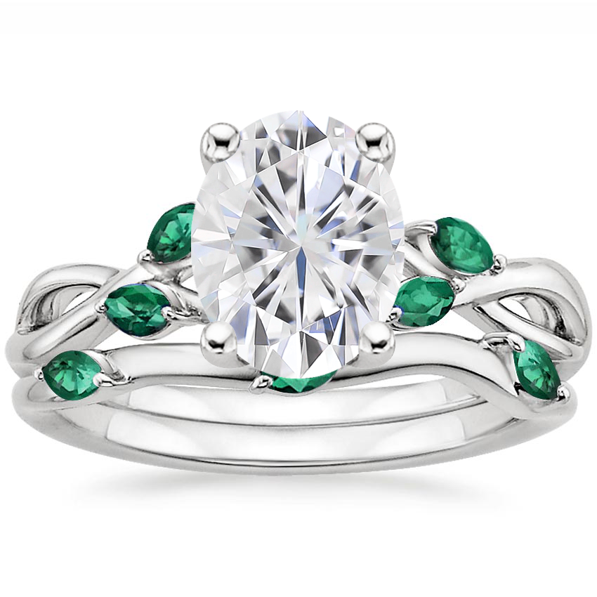 18KW Moissanite Willow Bridal Set With Lab Emerald Accents, top view