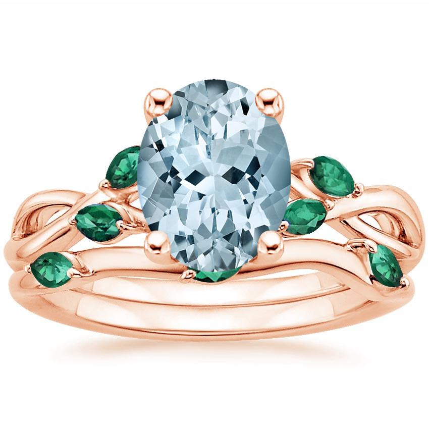 14KR Aquamarine Willow Bridal Set With Lab Emerald Accents, top view