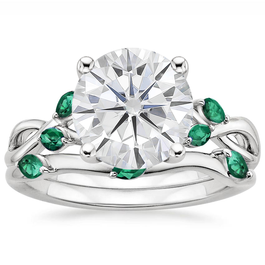 18KW Moissanite Willow Bridal Set With Lab Emerald Accents, top view