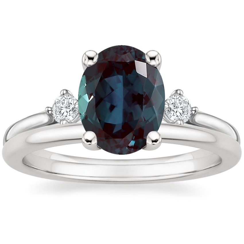 18K White Gold Three Stone Floating Diamond Ring with Petite Comfort Fit Wedding Ring