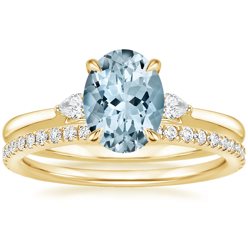 18KY Aquamarine Perfect Fit Three Stone Pear Diamond Ring with Luxe Ballad Diamond Ring, top view