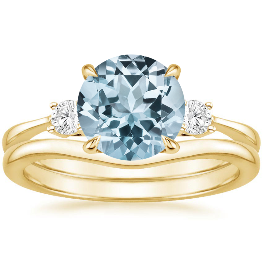 18KY Aquamarine Selene Diamond Ring (1/10 ct. tw.) with Petite Curved Wedding Ring, top view