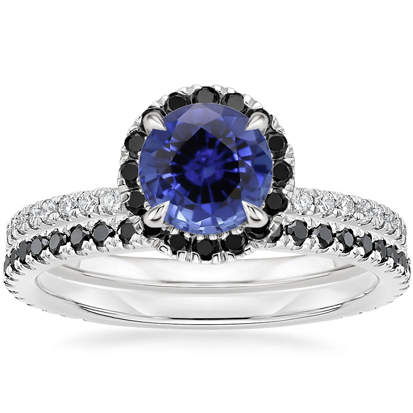 18KW Sapphire Waverly Diamond Ring with Black Diamond Accents with Luxe Ballad Black Diamond Ring, top view