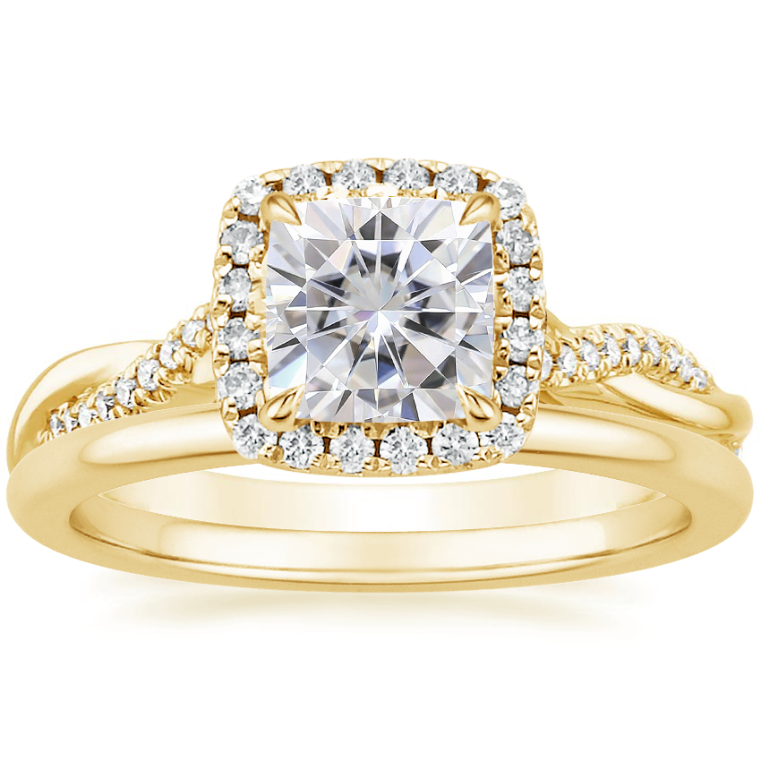 18K Yellow Gold Petite Twisted Vine Halo Diamond Ring (1/4 ct. tw.) with Petite Comfort Fit Wedding Ring