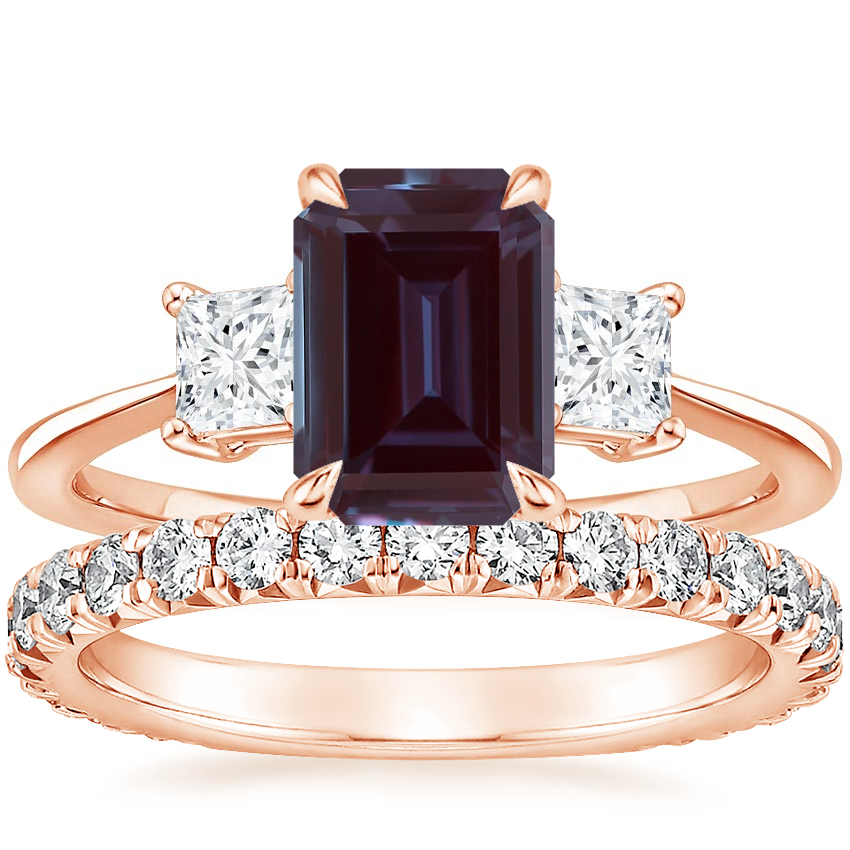 14K Rose Gold Princess Cut Three Stone Diamond Ring with Luxe Sienna Diamond Ring (5/8 ct. tw.)