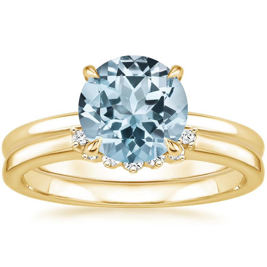 18KY Aquamarine Elodie Ring with Crescent Diamond Ring, top view