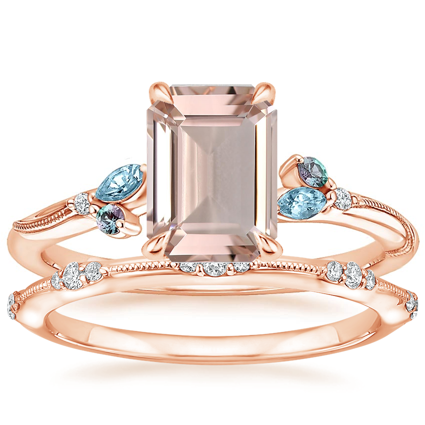 14K Rose Gold Camellia Indigo Milgrain Ring with Alena Diamond Ring