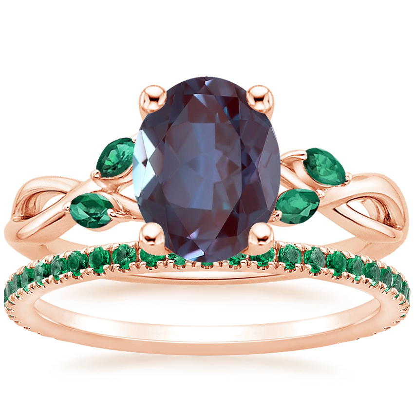 14K Rose Gold Willow Ring With Lab Emerald Accents with Luxe Ballad Emerald Ring