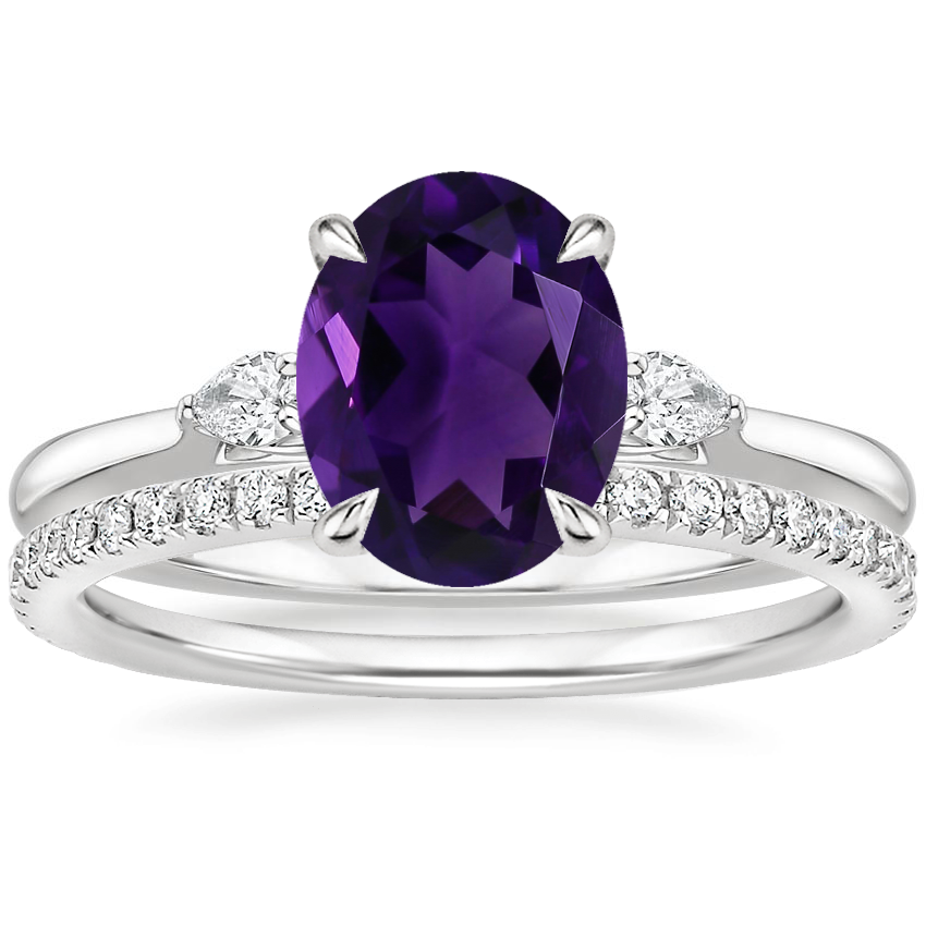 Platinum Perfect Fit Three Stone Pear Diamond Ring with Luxe Ballad Diamond Ring