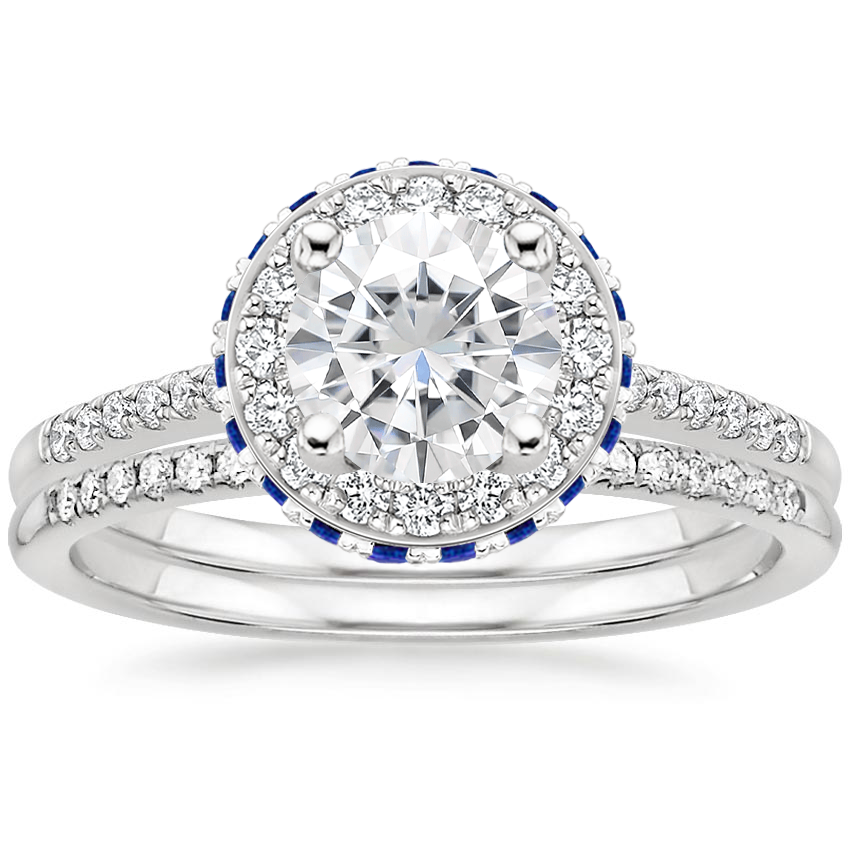 18KW Moissanite Audra Diamond Ring with Sapphire Accents (1/4 ct. tw.) with Whisper Diamond Ring (1/10 ct. tw.), top view