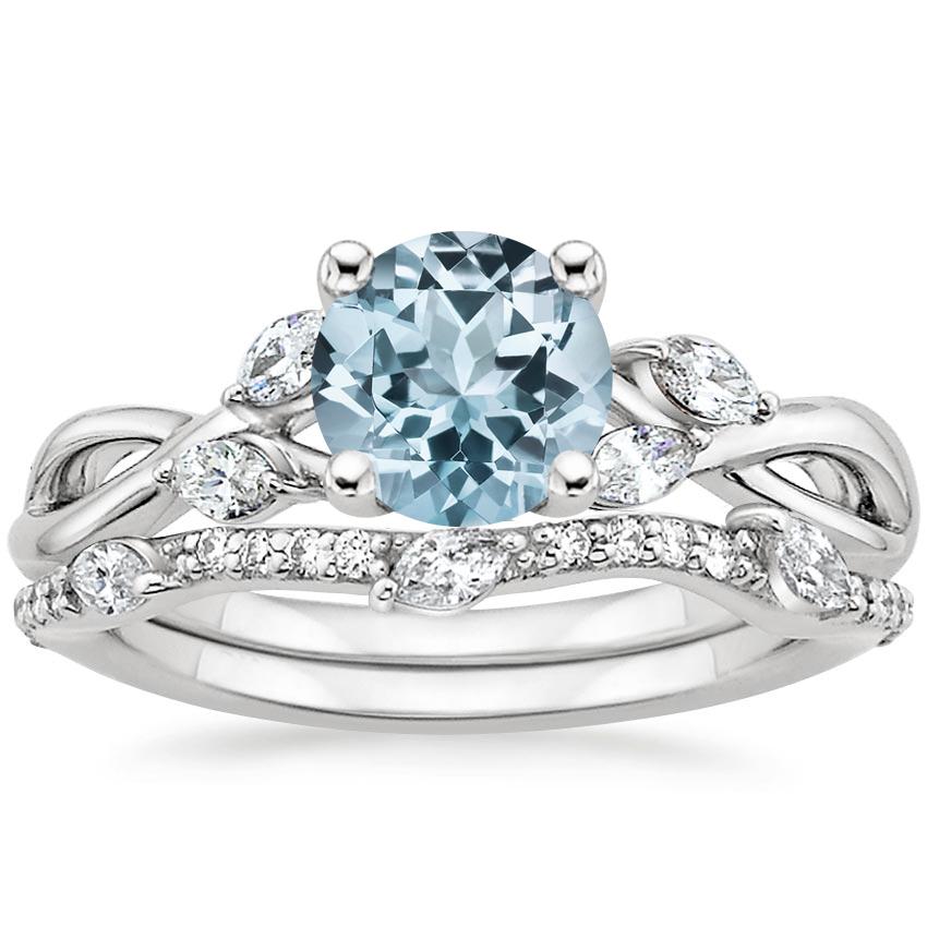 PT Aquamarine Willow Diamond Ring (1/8 ct. tw.) with Luxe Willow Diamond Wedding Ring (1/5 ct. tw.), top view