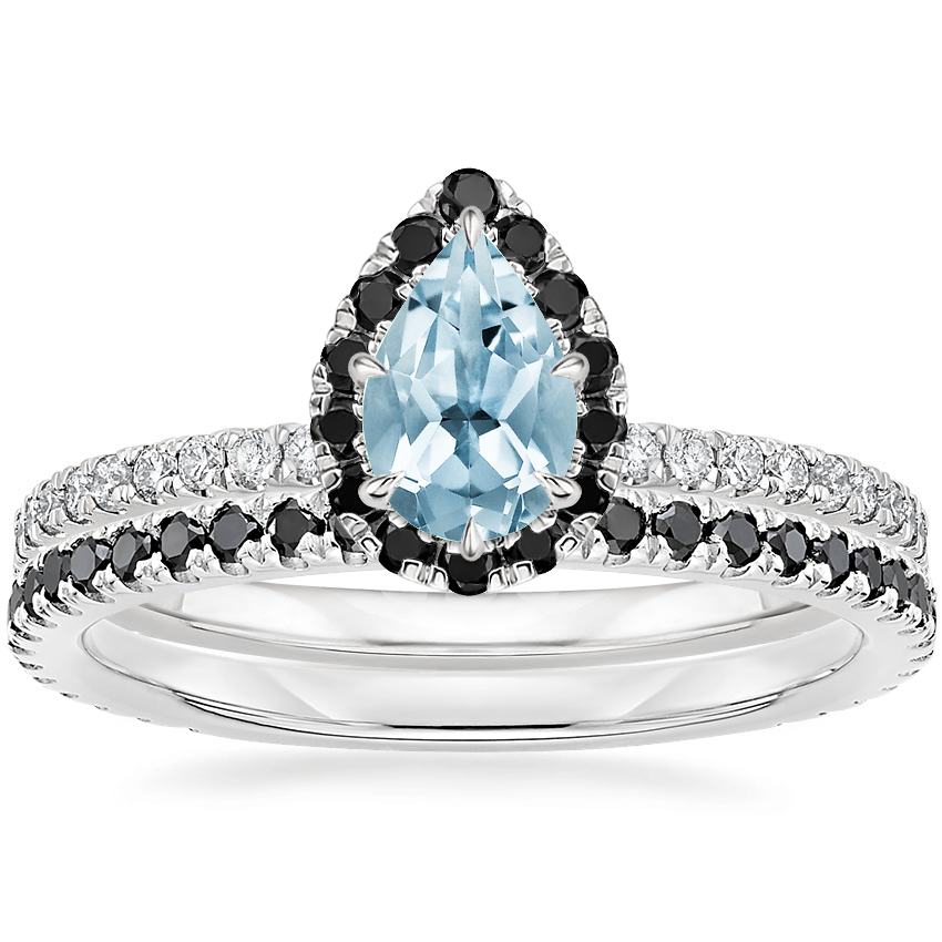 18KW Aquamarine Waverly Diamond Ring with Black Diamond Accents with Luxe Ballad Black Diamond Ring, top view
