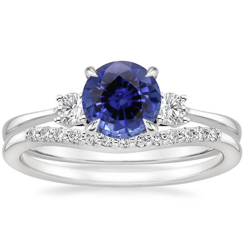 18KW Sapphire Selene Diamond Ring with Petite Curved Diamond Ring, top view