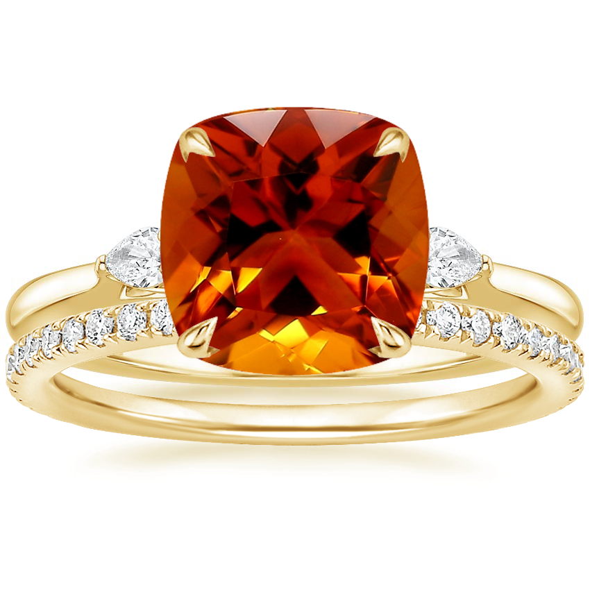 18K Yellow Gold Perfect Fit Three Stone Pear Diamond Ring with Luxe Ballad Diamond Ring