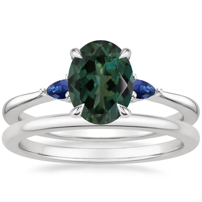18K White Gold Aria Diamond Ring with Sapphire Accents with Petite Comfort Fit Wedding Ring