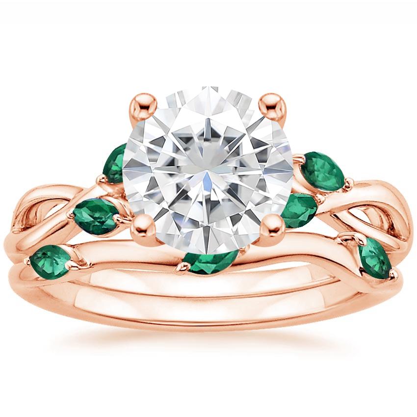14KR Moissanite Willow Bridal Set With Lab Emerald Accents, top view