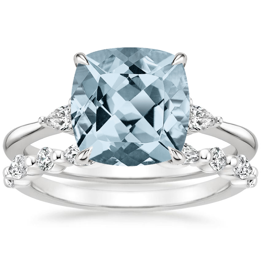 18KW Aquamarine Aria Diamond Ring (1/10 ct. tw.) with Versailles Diamond Ring (3/8 ct. tw.), top view