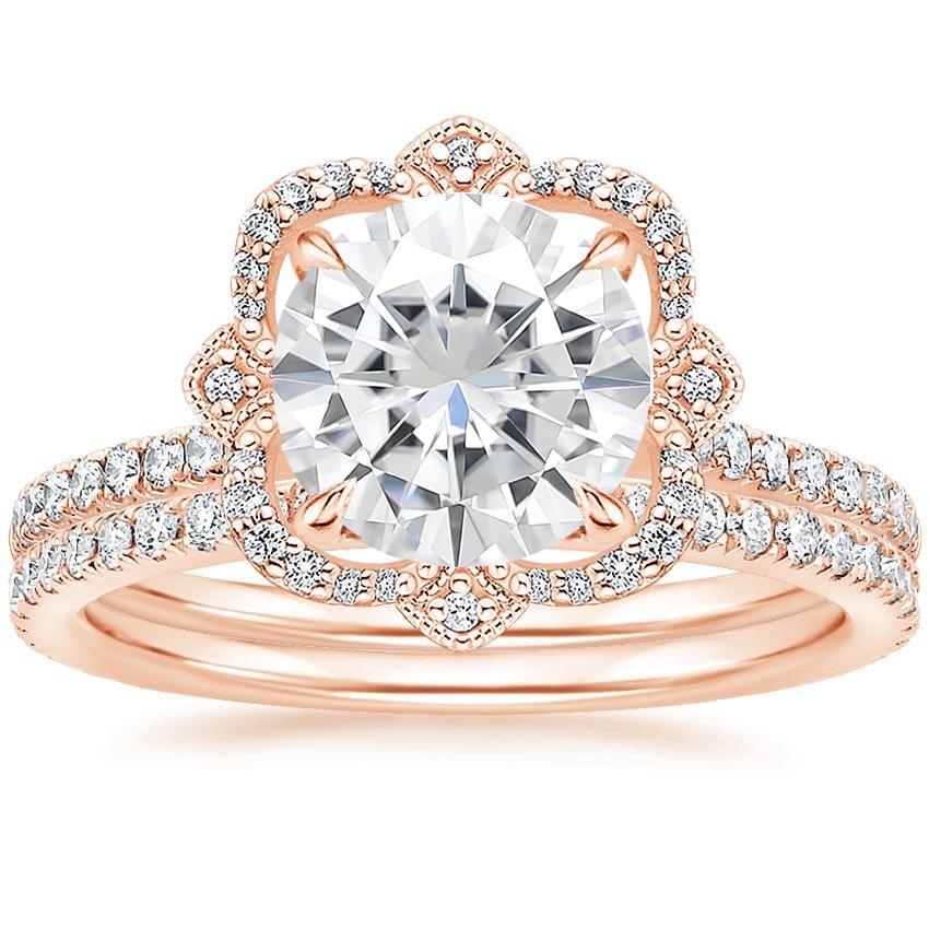 14KR Moissanite Reina Diamond Ring with Luxe Ballad Diamond Ring (1/4 ct. tw.), top view
