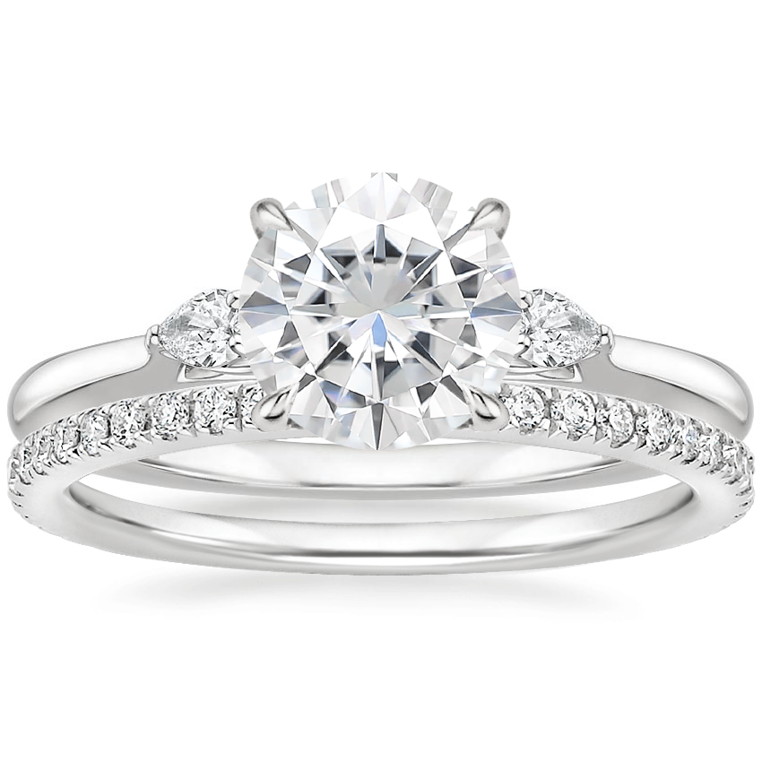 18KW Moissanite Perfect Fit Three Stone Pear Diamond Ring with Luxe Ballad Diamond Ring, top view